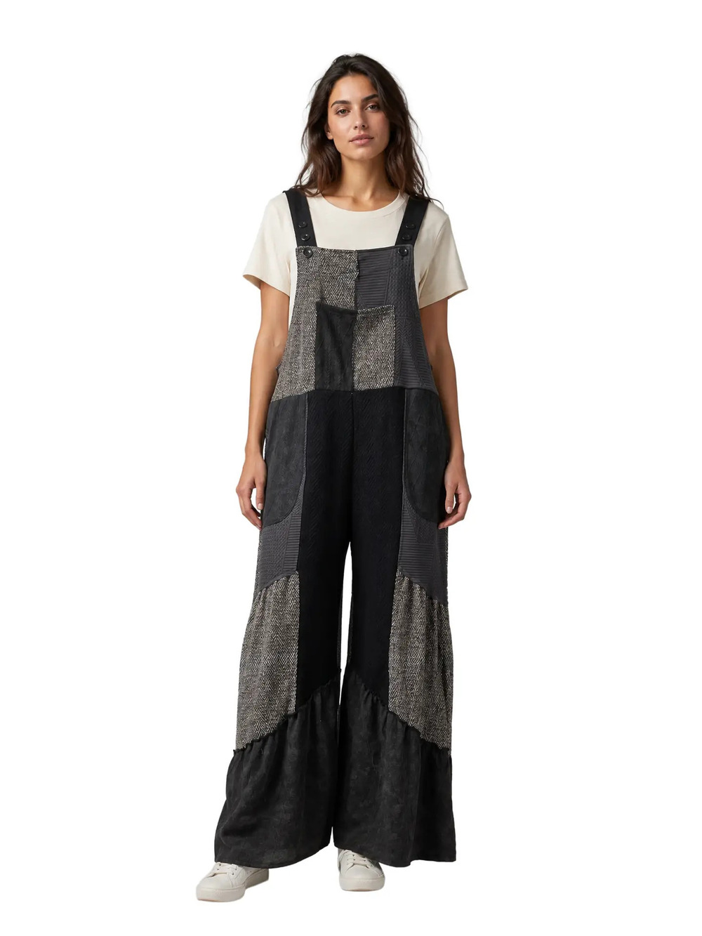 26903 | Yak & Yeti Colorblock Wide Leg Textured Fabric Overalls | Sizes S/M-L/XL